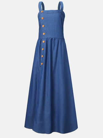 Düz renk kayışlar düğme kolsuz Denim Maxi Elbise