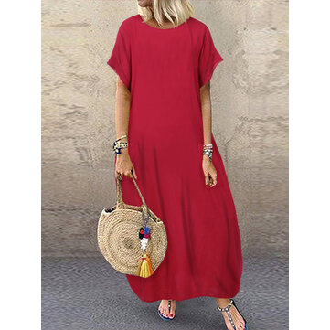 Women Loose Short Sleeve Solid Casual Long Maxi Dress