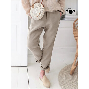 Kadınlar Saf Pamuk Basit Rahat Yan Cepler Pantolon