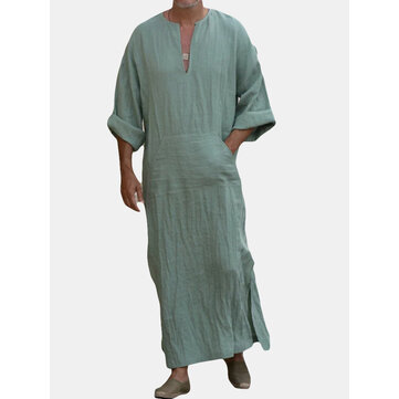 TWO-SIDED Mens Kaftan Vintage Loose V Neck Splits Long Tops