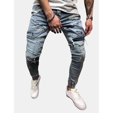 Mens&nbsp;Casual&nbsp;Flaco&nbsp;con&nbsp;estilo&nbsp;Ripped Zipper mediados de cintura Jeans