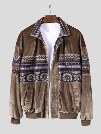 Men Ethnic Pattern Stitching Velvet Vintage Jacket