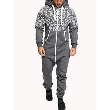 Mens Casual Hooded Loungewear Pure Color Siamese Jumpsuit