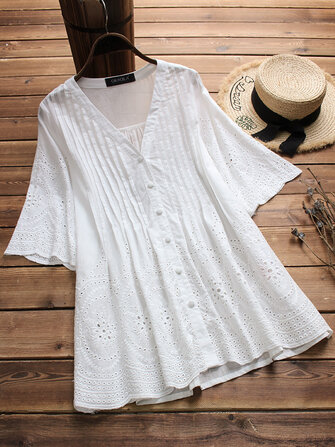 Bayan Vintage İşlemeli İçi Boş Düz Renk Bluz