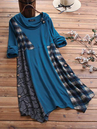 Düğme Baskı Ekose Kırk Yama Asimetrik Plus Beden Bluz