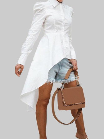 Düz renk yaka düğmesi yüksek düşük hem temel Gömlek