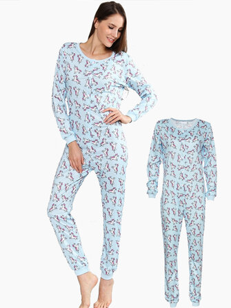 Long Sleeve Unicorn Printing Button-Down O-Neck Pajama Set