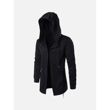 Mens Black Fashion Casual Mid Long Cloakman Cloak Hooded Jacket