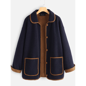 Cuello vuelto patchwork de lana Plus Talla Abrigos de invierno