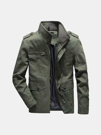 Mens Military Epaulet Solid Color Cotton Cargo Work Jacket