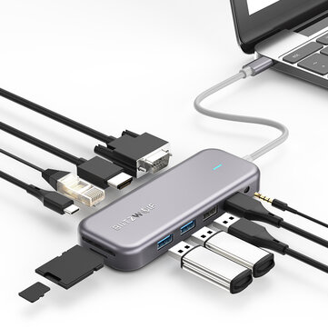 BlitzWolf® BW-TH8 Hub de dados USB-C 11 em 1 com 100W Type-C PD Power Delivery 2 USB3.0 e 2 USB2.0 4K @ 30HZ e 1080P @ 60HZ Resolução Internet estável Slot para cartão SD e TF e saída de sincronização de áudio
