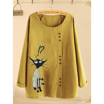 Katzen Cartoon Print Rundhals Langarmshirts