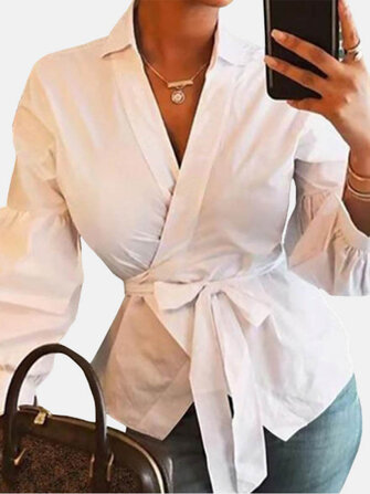 Long Sleeve Lapel Belt Solid Color Causal Blouse