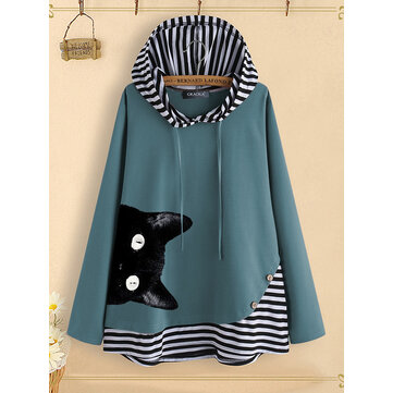 Çizgi Film Kedi Baskı Çizgili Patchwork Kapşonlu