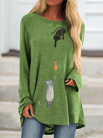 Women Cartoon Cat Print Long Sleeve Blouse