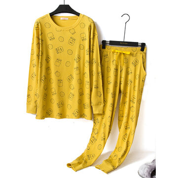 Conjunto de pijama de mangas compridas de impressão de loungewear com textura