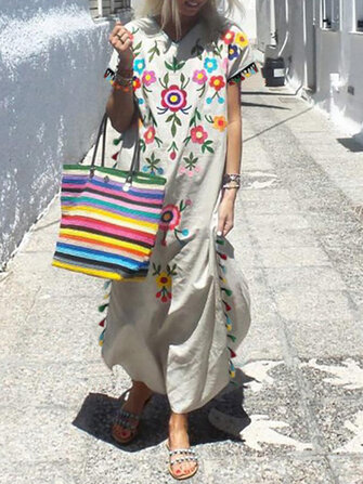 Print Loose Vintage Tassel Side Split Floral Maxi Dress