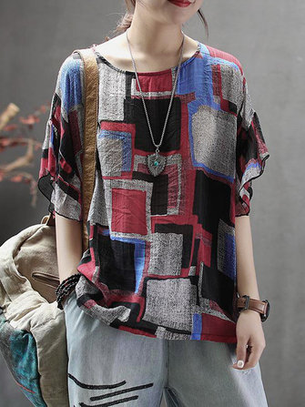 Frauen Kurzarm Rundhals Casual Print Bluse