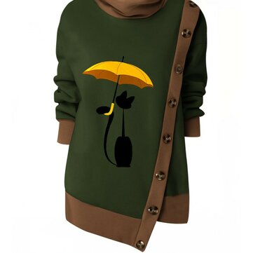 Karikatür Baskı Asimetrik Düğme Patchwork Sweatshirt