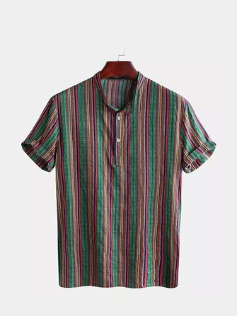 Camisas listradas de manga curta Vintage estilo étnico dos homens