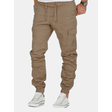 Elastische broek met meerdere zakken in effen kleur