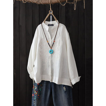 Vintage dames casual geborduurde knop lange mouw blouse