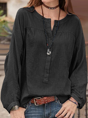 Dames Solid Baggy katoenen herfstblouse met lange mouwen