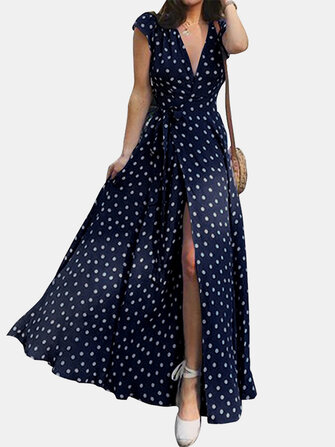 Polka Dots V-neck Short Sleeve Wrap Maxi Dress