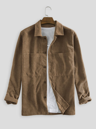 Mens Vintage Veludo de algodão Bolsos duplos Camisas de manga comprida