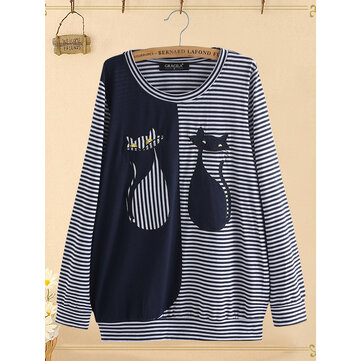 Cartoon Cat Stripe Patchwork Long Sleeve Blouse For Women