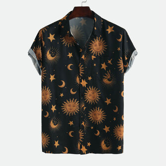 Men Sun Moon Print Short Sleeve Relaxed Shirts