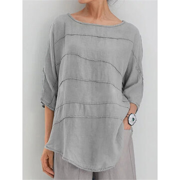 Blouse causale à manches 3/4 ras du cou pour femme