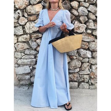 V-hals vakantie strand Sundress A-lijn geplooide maxi-jurk