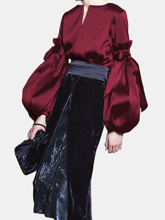 Causal Puff Sleeve Shirt Silky Satin Cocktail Office Blouse