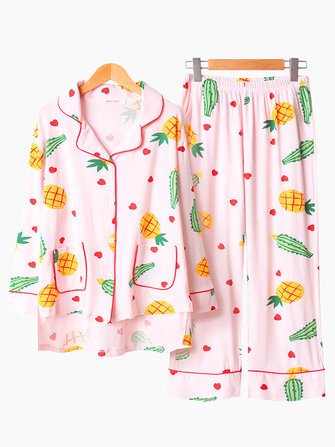 Loose Long Sleeve Cotton Printed Button Down Pajama Set