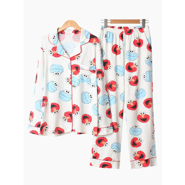 Pijama de manga larga de algodón con estampado de solapa y manga larga