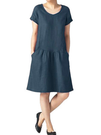 Retro dames pure kleur korte mouw halflange jurk met zakken