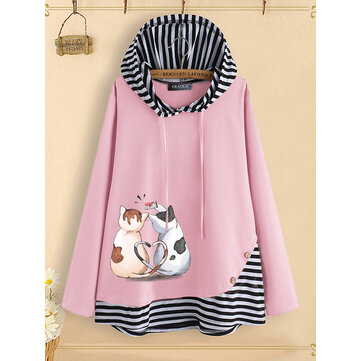 Patchworkowa bluza z kapturem w paski z motywem kota