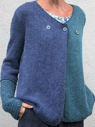 V-Ausschnitt Farbblock Beiläufige lose Knöpfe Pullover