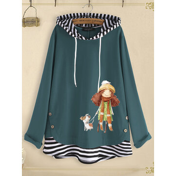 Zapinana na guzik patchworkowa bluza z kapturem z kreskówkowym nadrukiem