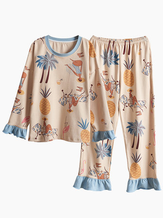 Pijama de algodão manga comprida bonito conjunto de pijama solto