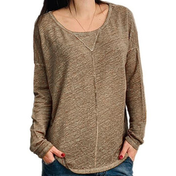 ソリッドクルーネック長袖カジュアルブラウス