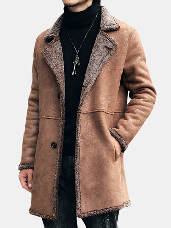 メンズミッドロングフェイクシャモワレザートレンチコートスエードジャケット