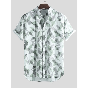 Men Tropical Plants Printed 100% Cotton Hawaiian Beach Shirt