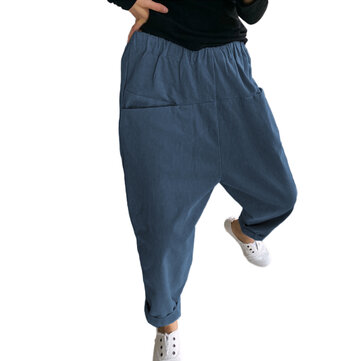 Saf Renk Elastik Bel Bırak-Kasık Cepleri Harem Pantolon