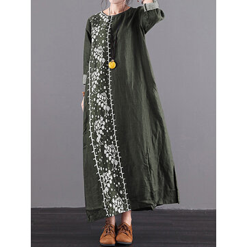 Vestito lungo vintage sfoderato Collo con stampa rotonda