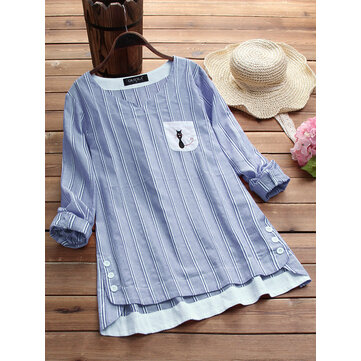 Zijknopen Streep Kat Geborduurde patchwork blouse