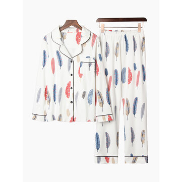 Womem كم طويل ريشة طية صدر السترة القطن بيجامة مجموعة