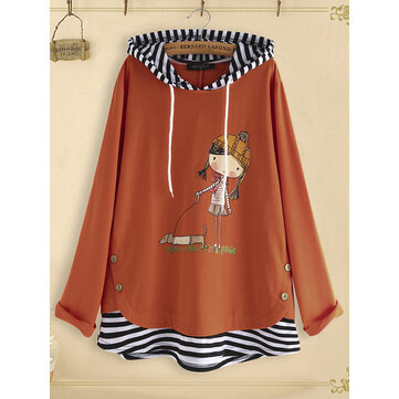 Desenhos animados Imprimir Side Button Stripe Patchwork Hoodie