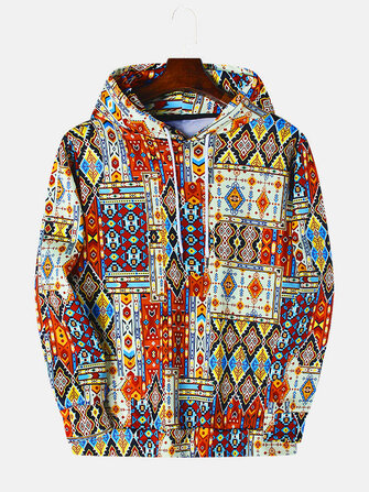 Mixed Color Ethnic Pattern Print Langarm-Kapuzenshirt Vintage